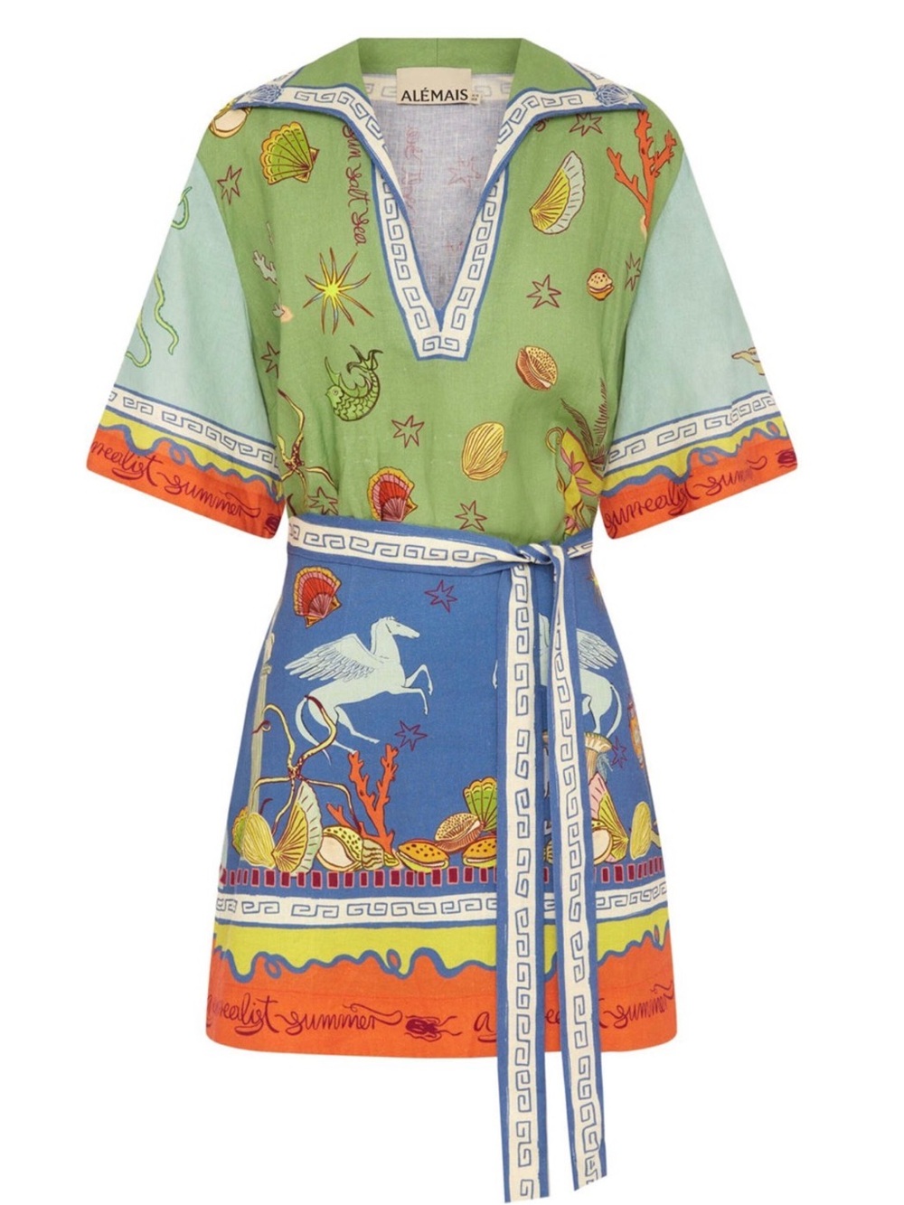 ALÉMAIS Surrealist Summer Short-Sleeve Linen Mini Dress